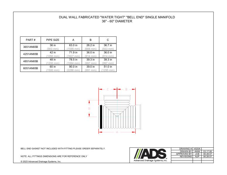 36" - 60" Fabricated Water Tight Bell End Single Manifolds (HDPE Dual Wall Fabricated Manifolds Fittings)