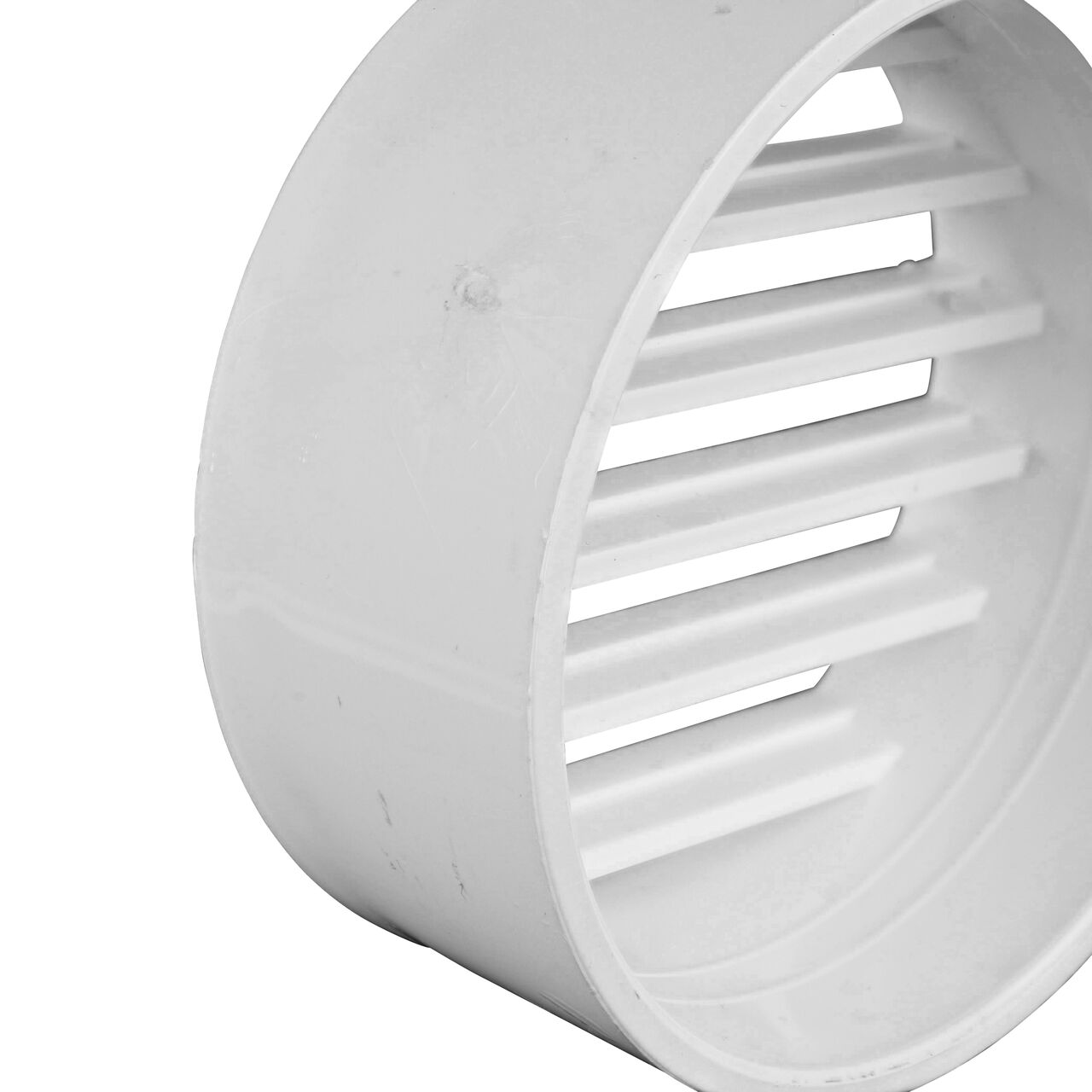 Closeup view of the underside on the NDS white 4 in. round grate (NDS 9P11) which fits 4 in. sewer and drain fittings and is perfect for pool and spa applications
