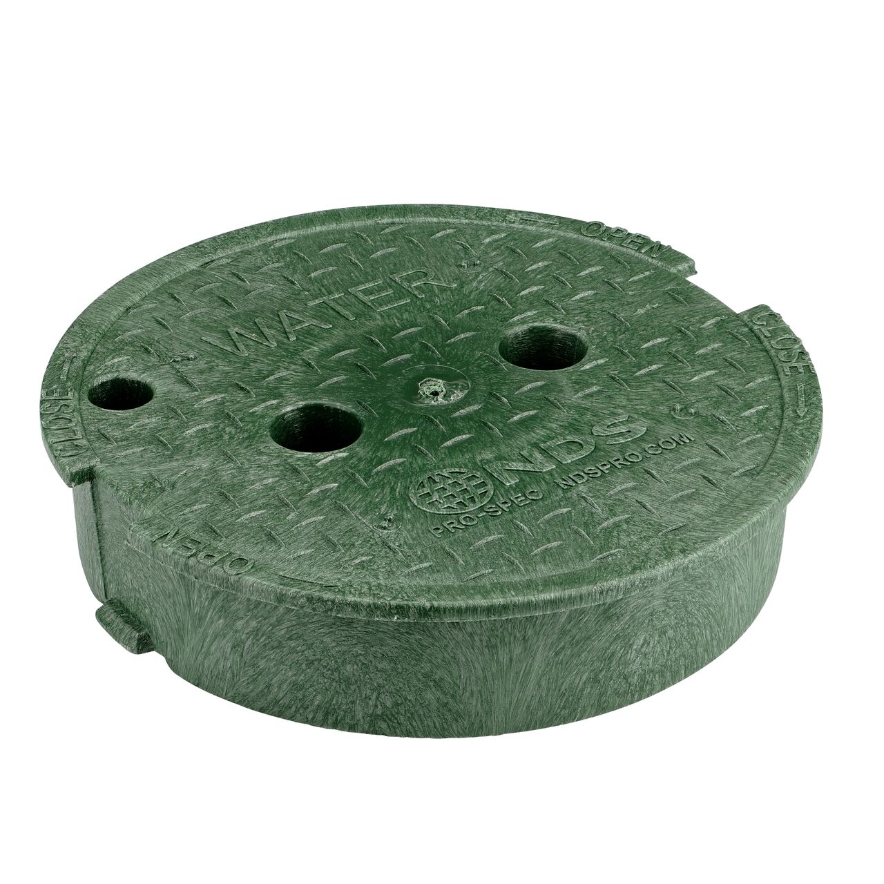 This NDS 10 in. Round Pro-Spec® Series Valve Box Cover is a Green Cover (NDS 311CW) with Water markings on the lid and fits NDS Pro-Spec® series 10 in. valve boxes