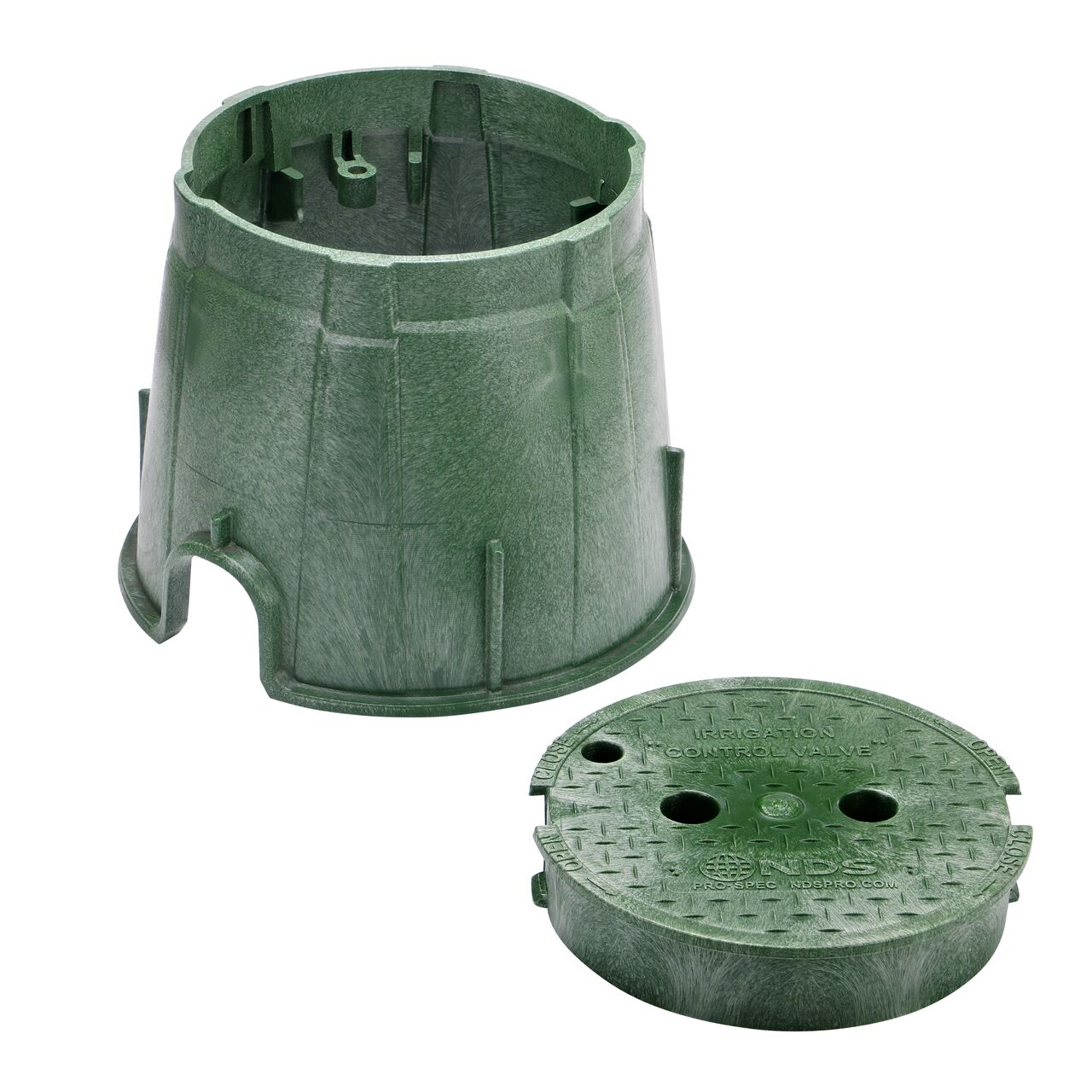 Unassembled View of the NDS 10 in. Round Pro-Spec® Series Green Box and Green Irrigation Control Valve Cover (NDS 312BC) showing the overlapping cover with a bayonet twist-lock lid featuring two finger slots, making it easy to remove or secure onto the box