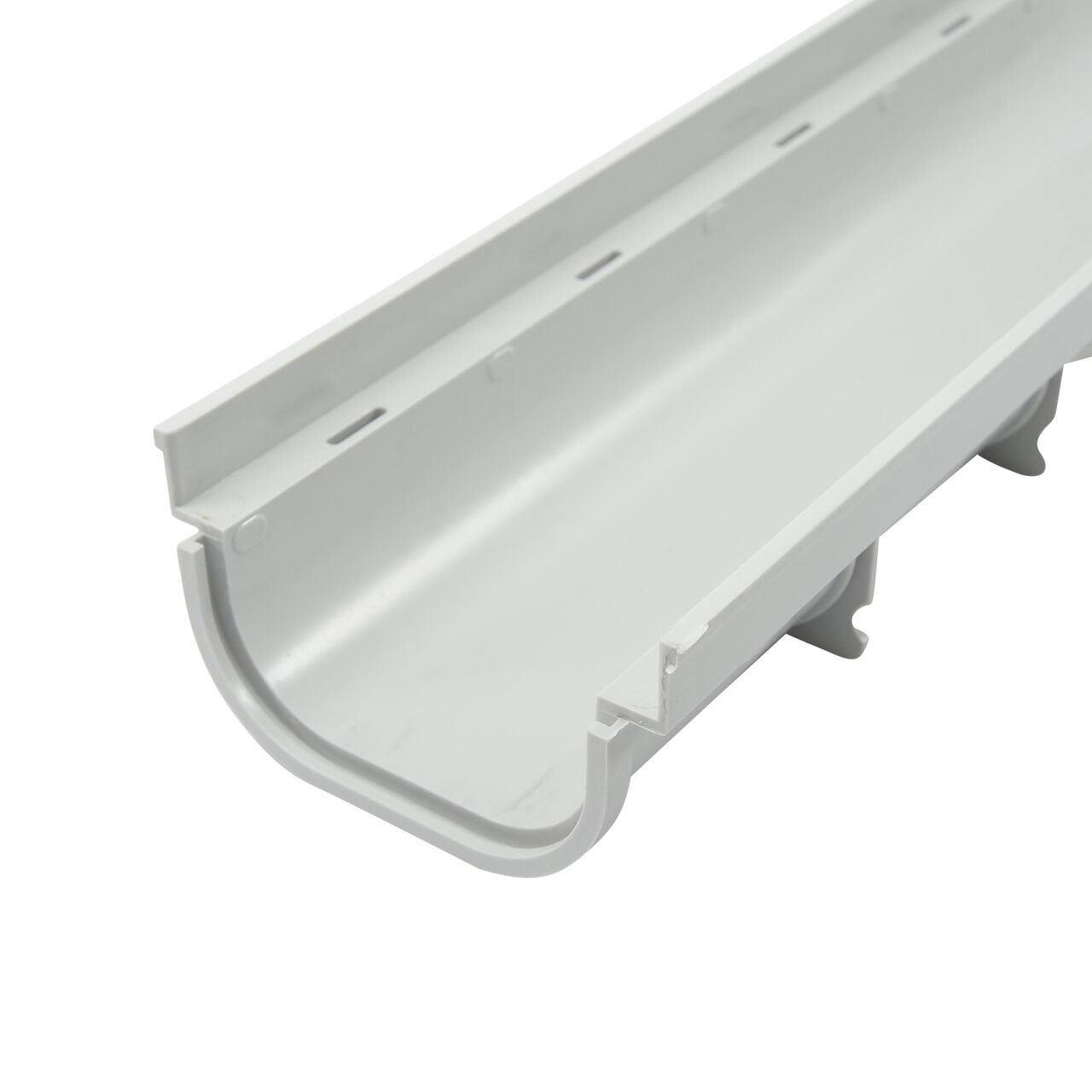 NDS 5 in. Pro Series Channel Drains, Shallow Profile, connect together with interlocking joints on ends; channel-to-channel clips reduce motion during installation; grate sits on grate seat (NDS 820)
