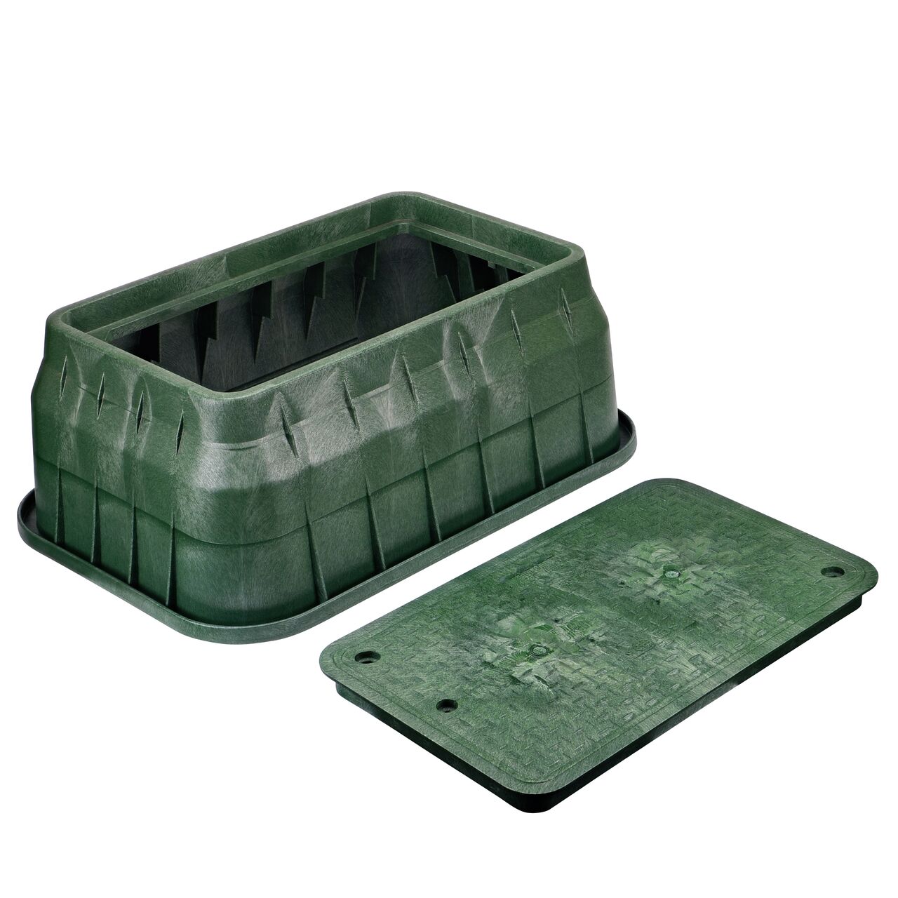 Unassembled View of the NDS 17 in. X 30 in. Green Rectangular Pro-Spec® Series valve box , bolt, and Green Irrigation Control overlapping cover (NDS 324BCB)