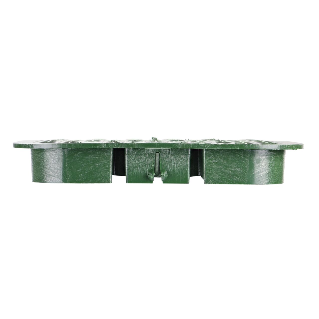 The NDS 13 in. X 20 in. Rectangular Pro-Spec® Series Green Sewer Valve Box Cover (NDS 317CS) lid shown here from the side, that prevents dirt and debris from entering the valve box