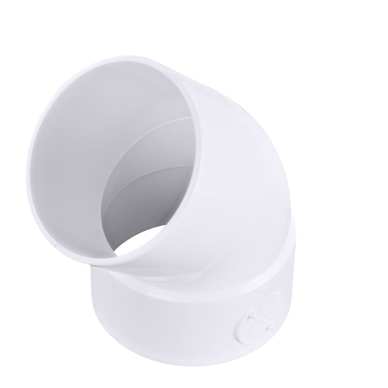 PVC 45° street elbow, connects 3 in. Sewer and Drain pipes; Hub X Spt connection (NDS 3P03ST)