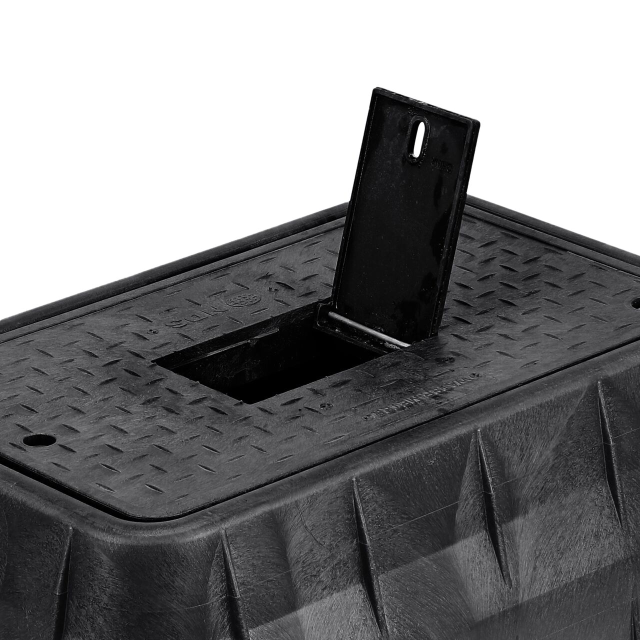 Closeup view of the Cast Iron reader door opened on the NDS 13 in. X 24 in. Rectangular Standard Series Meter Box & Water Meter Cover with Bolt (NDS 121BCDMCIFB) to show how reader provides easy access to meter readers