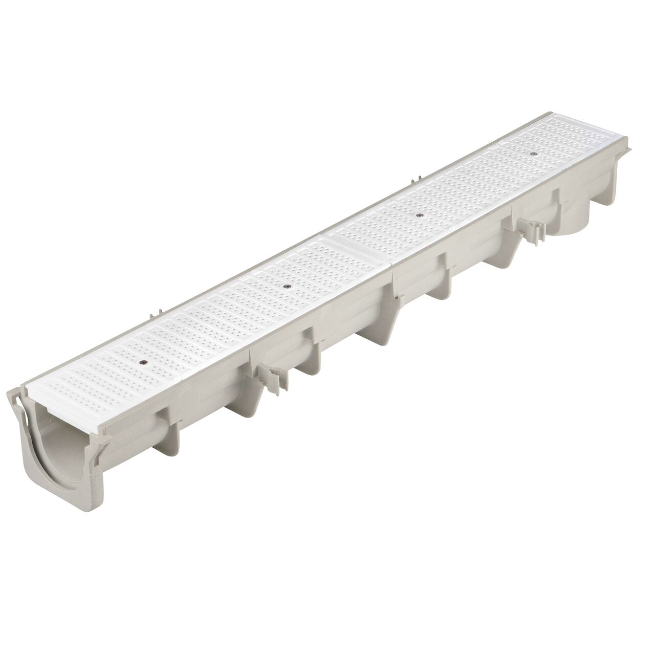 Two white plastic Perforated Dura Slope™ Channel Drain Grate (NDS DS-671) fits on one Dura Slope Channel Drain (NDS DS-091)