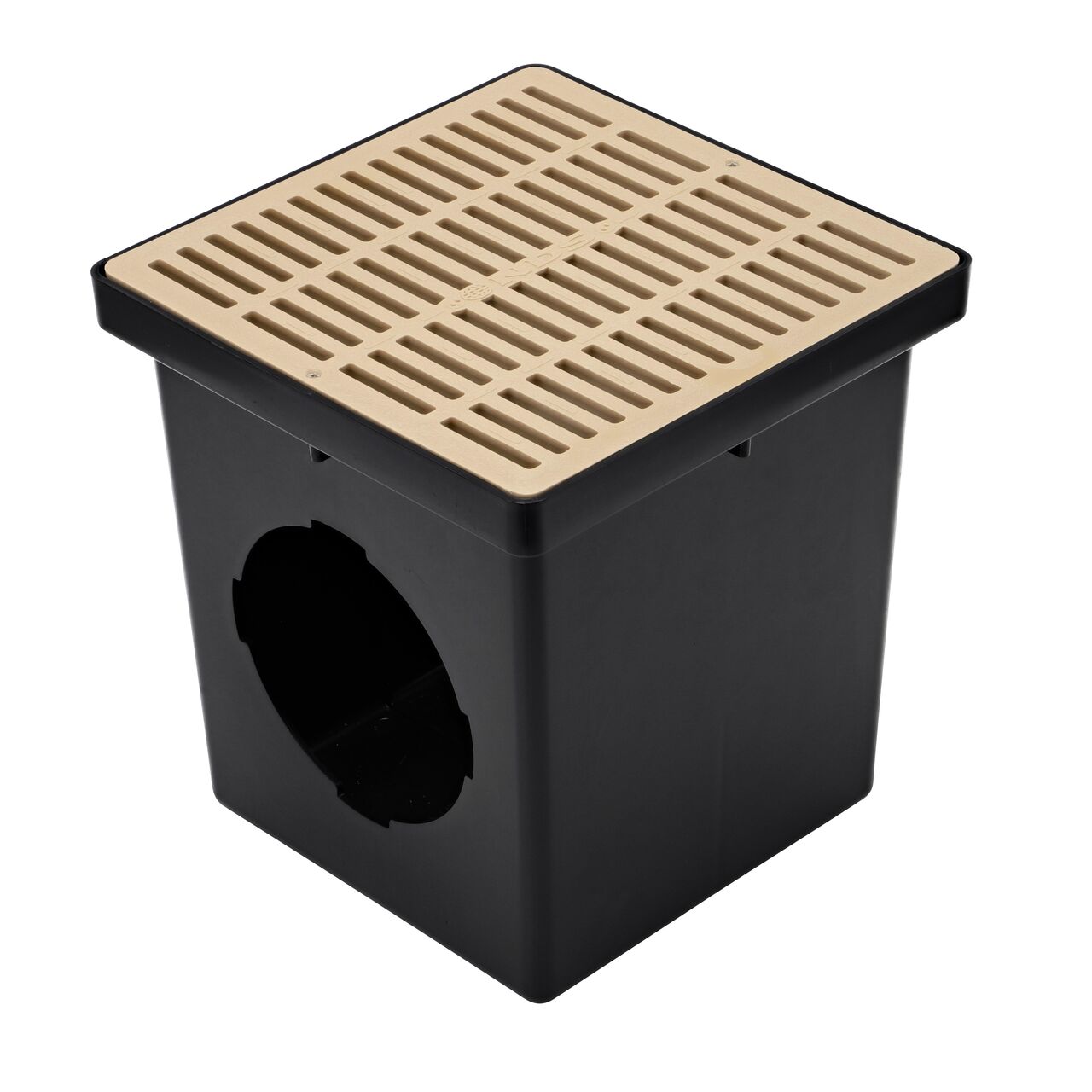 The NDS 12 in. Square Catch Basin Drain Grate, Sand Plastic (NDS 1212S) fits on a NDS 12 in. Square Catch Basin (NDS 1200*); retail
