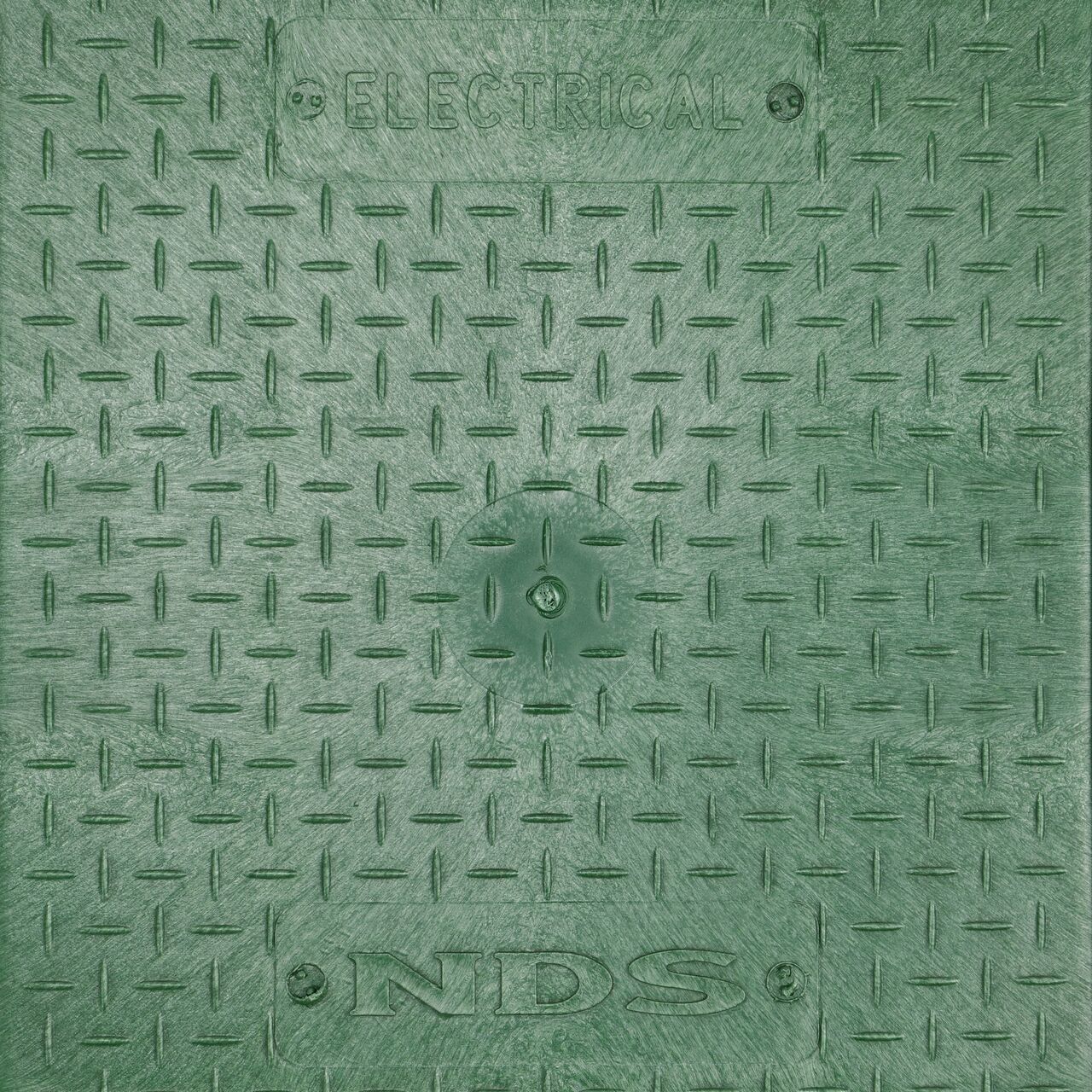 Closeup view of the Electrical markings on the green Electrical cover for the NDS 14 in. X 19 in. Rectangular Standard Series Valve Box (NDS 113BCE)