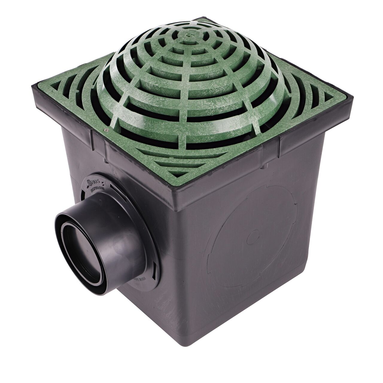 Green Plastic 12 in. Square Atrium Catch Basin Drain Grate (NDS 1280) installed on a black plastic 12 in. Catch Basin Drain with 2 Openings (NDS 1200*) and adapter and plug; retail
