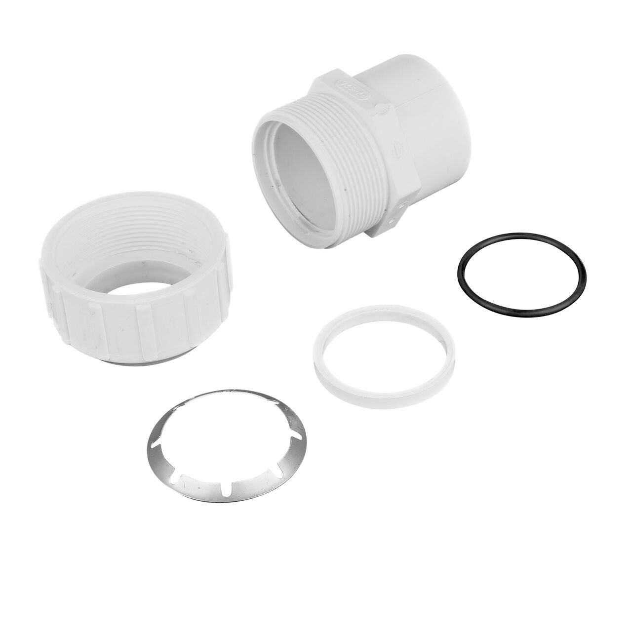 The NDS 2 in. CTS FPT X IPS Spigot Flo-Lock™ Gripper Adapter (NDS 935-20) fully unassembled showing the steel gripper, EPDM O-Ring and stiffner