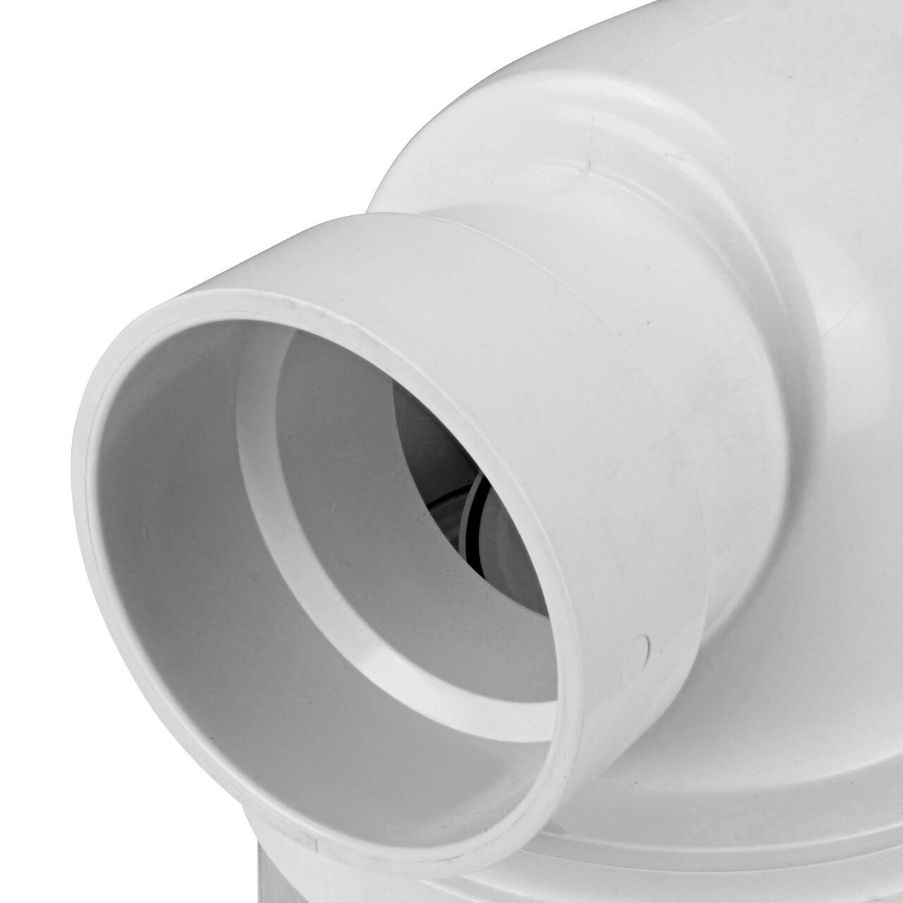 Closeup of the outlet end of the NDS 4 in. White PVC Backwater Valve with Riser and Cover (NDS 475PR) which fits DWV pipe