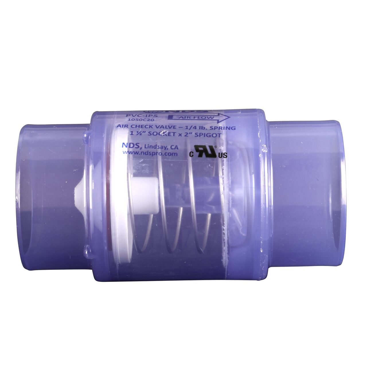 Side to side view of the NDS Clear 1-1/2 in. slip end by 2 in. spigot end PVC Air Check Valve (NDS 1050C20)