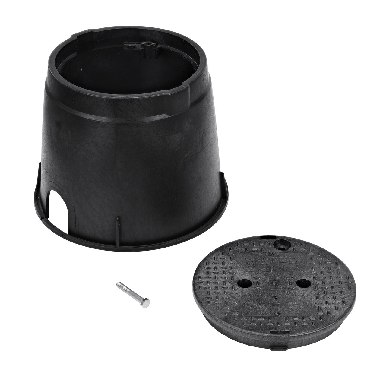 Unassembled View of the NDS 10 in. Round Standard Series Black Box and Black Water Cover with Bolt (NDS 111BCBW) showing the overlapping cover with a bayonet twist-lock lid featuring two finger slots, making it easy to remove or secure onto the box