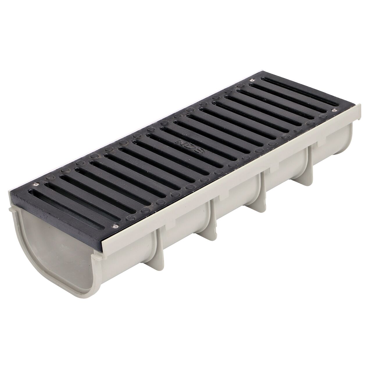One 8 in. Pro Series Channel Drain Grate made of Ductile Iron (NDS 888), on one 8 in. Pro Series Channel Drain, Shallow Profile (NDS 830)