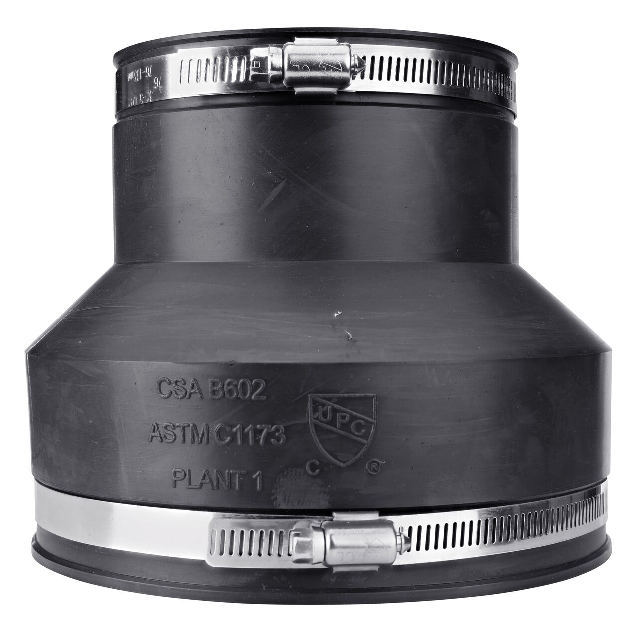 The NDS 6 in. X 4 in. flex coupling, in vertical position, connects two cast iron/sewer and drain or DWV/copper/steel/lead pipes and provides leak-resistant seals with virtually any pipe (NDS 56-64)