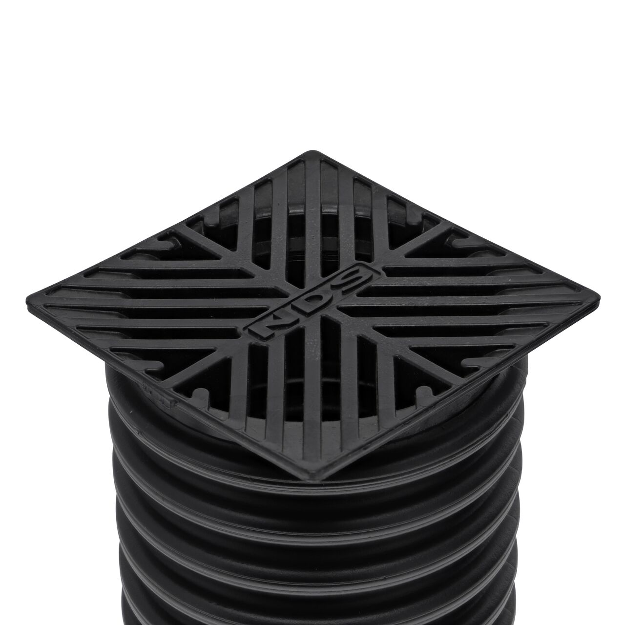NDS 5 in. Square Grate installed on 4 in. Single-Wall Corrugated Pipe (NDS 8*, NDS 8)
