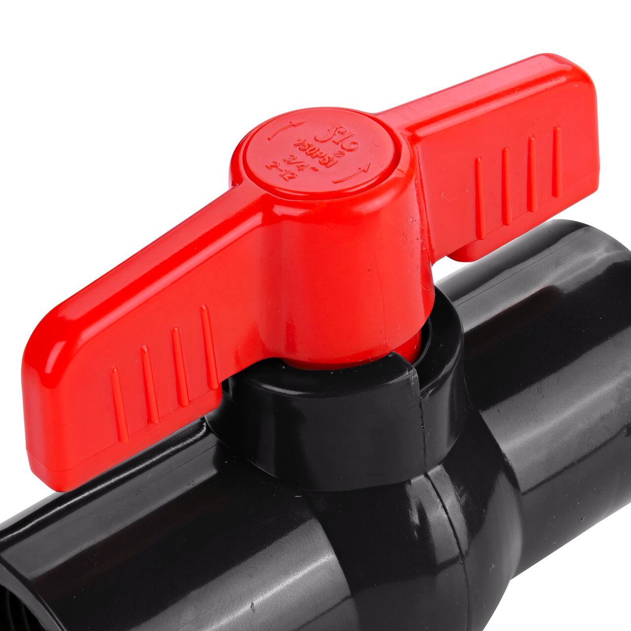Closeup of the NDS IPS Ball Valve showing the handle that rotates two ways to control water flow (NDS E1620-07)