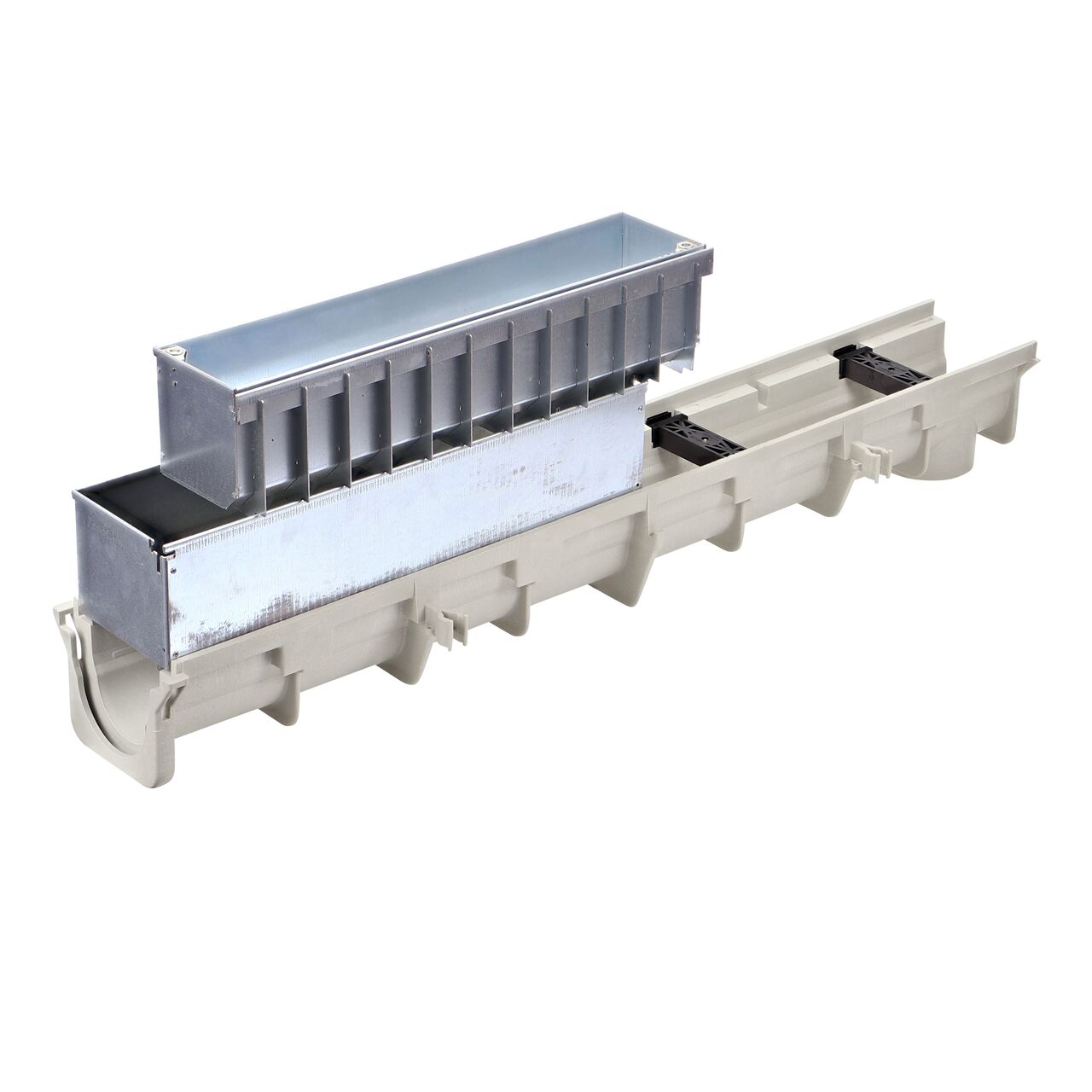 The inside of the NDS Galvanized Steel Dura Slope Channel Drain Slot Top Maintenance Unit (DS-STMAINT) lifted to see both pieces while installed on a Dura Slope Channel Drain (NDS DS-091)