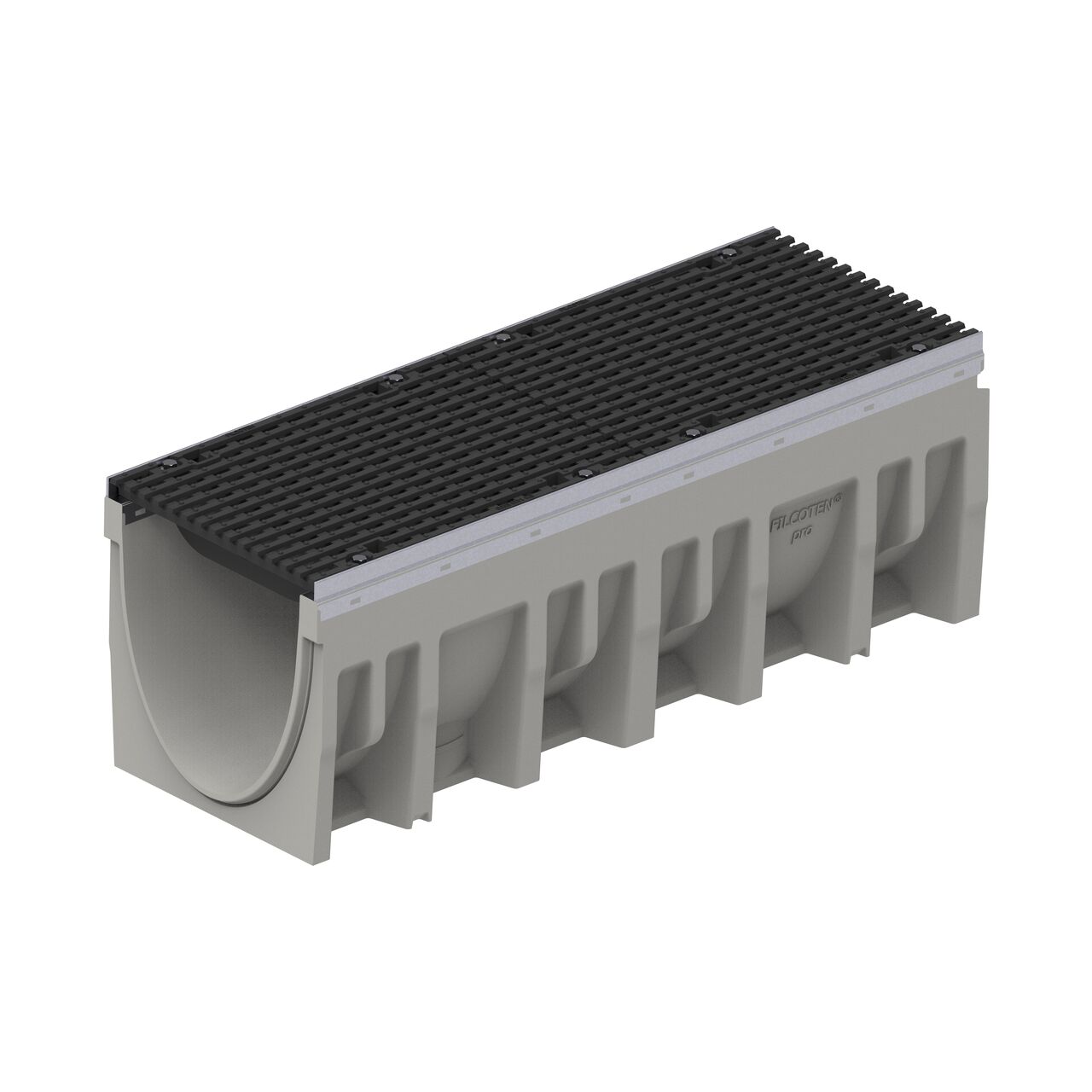 The female interlocking end of the BG-FILCOTEN® by NDS® pro V 300 Trench Channel Drain with Galvanized Steel Rails with two 1/2 miter ductile iron grates with bar design installed (NDS 10630200, NDS 17030103)
