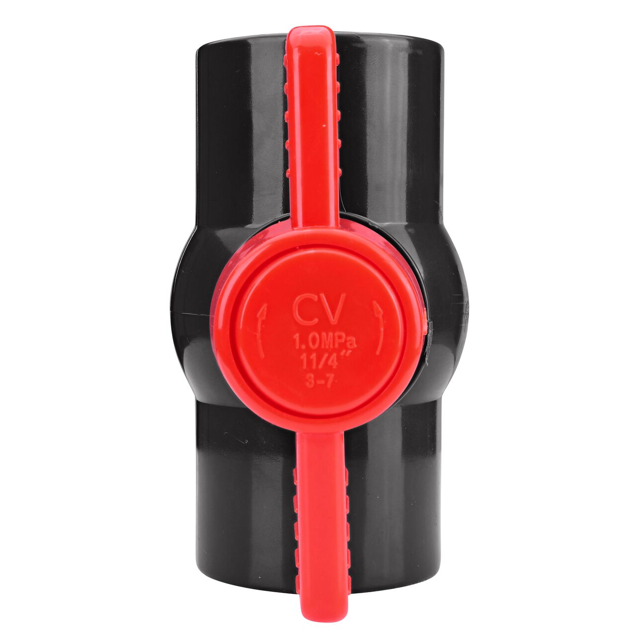 Closeup of the NDS IPS Ball Valve showing that the handle is made of durable PVC material perfect for irrigation or other pressurized system (NDS E1610-12)