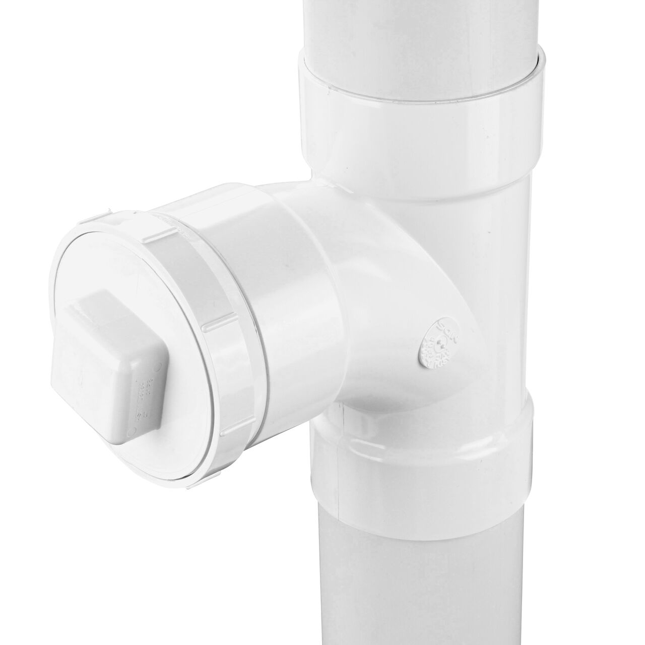 The NDS 4 in. PVC Sewer and Drain 3-Way Sanitary Tee (NDS 4P09C*, NDS 4P09*, NDS 4P09) in vertical position with 4 in. S&D pipe attached to top and bottom connection points and a PVC S&D Female Fitting Cleanout Adapter and 4 in. MPT PVC S&D Cleanout Plug attached to middle hub