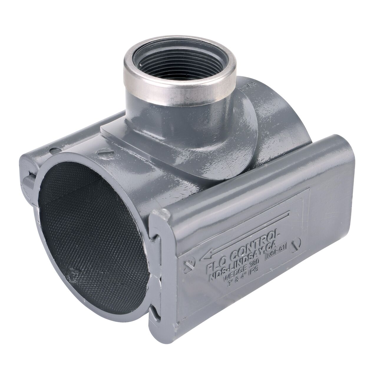 The NDS Clamp-It™ Rigid PVC Saddle with 1-1/2 in. FPT connection on top (NDS 443015) for 3 in. PVC pipe has a patented wedge design to install a sprinkler irrigation system to existing pipe without any bolts