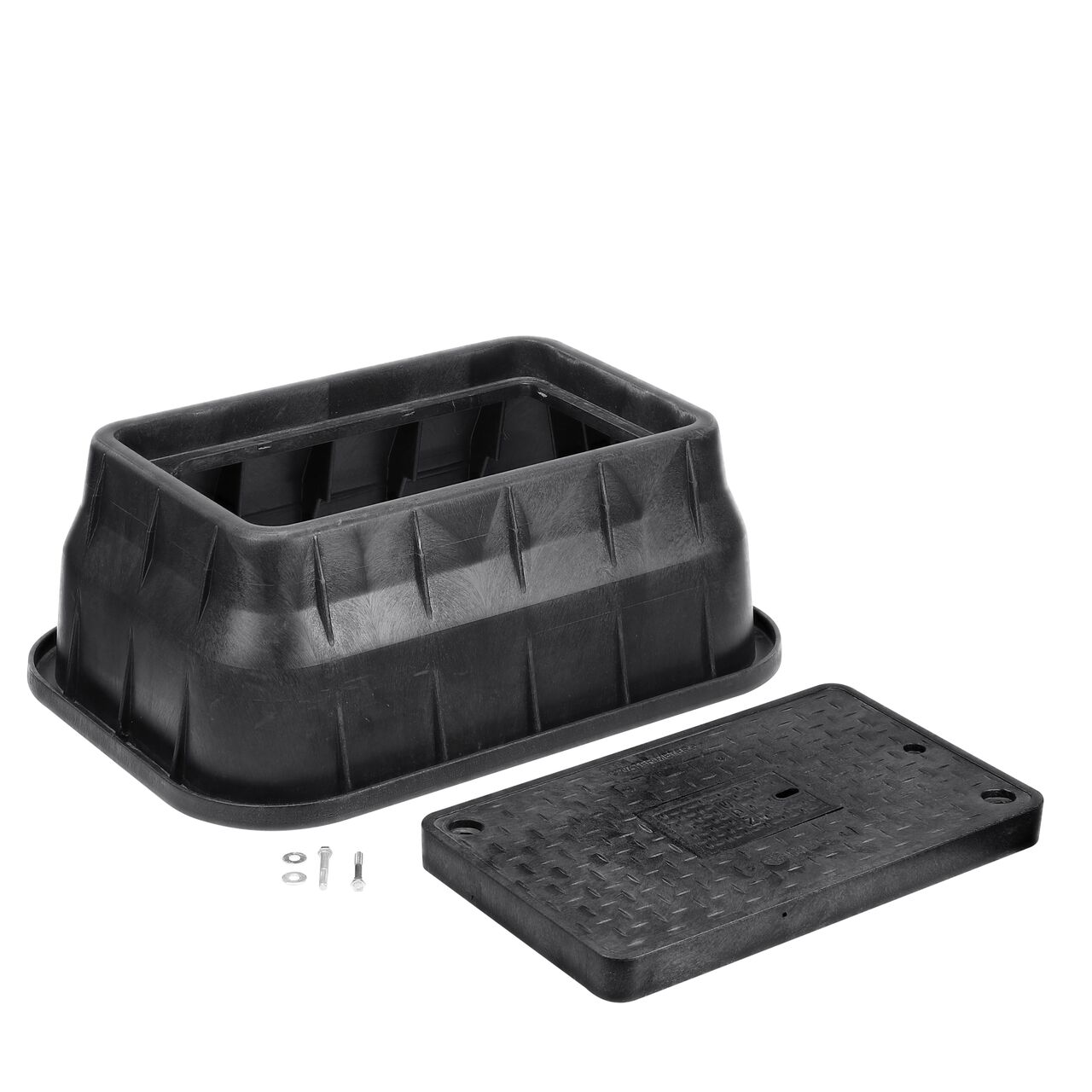 Unassembled View of the NDS 13 in. X 24 in. Black Rectangular Standard Series meter box and Black Water Meter Drop-in lid cover (NDS 121BCDMCIFB) with Bolt and Cast Iron reader door