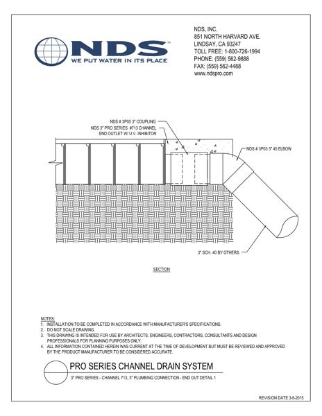 NDS 3 in. Pro Series™ Channel Drain System End Outlet 1 Installation Detail