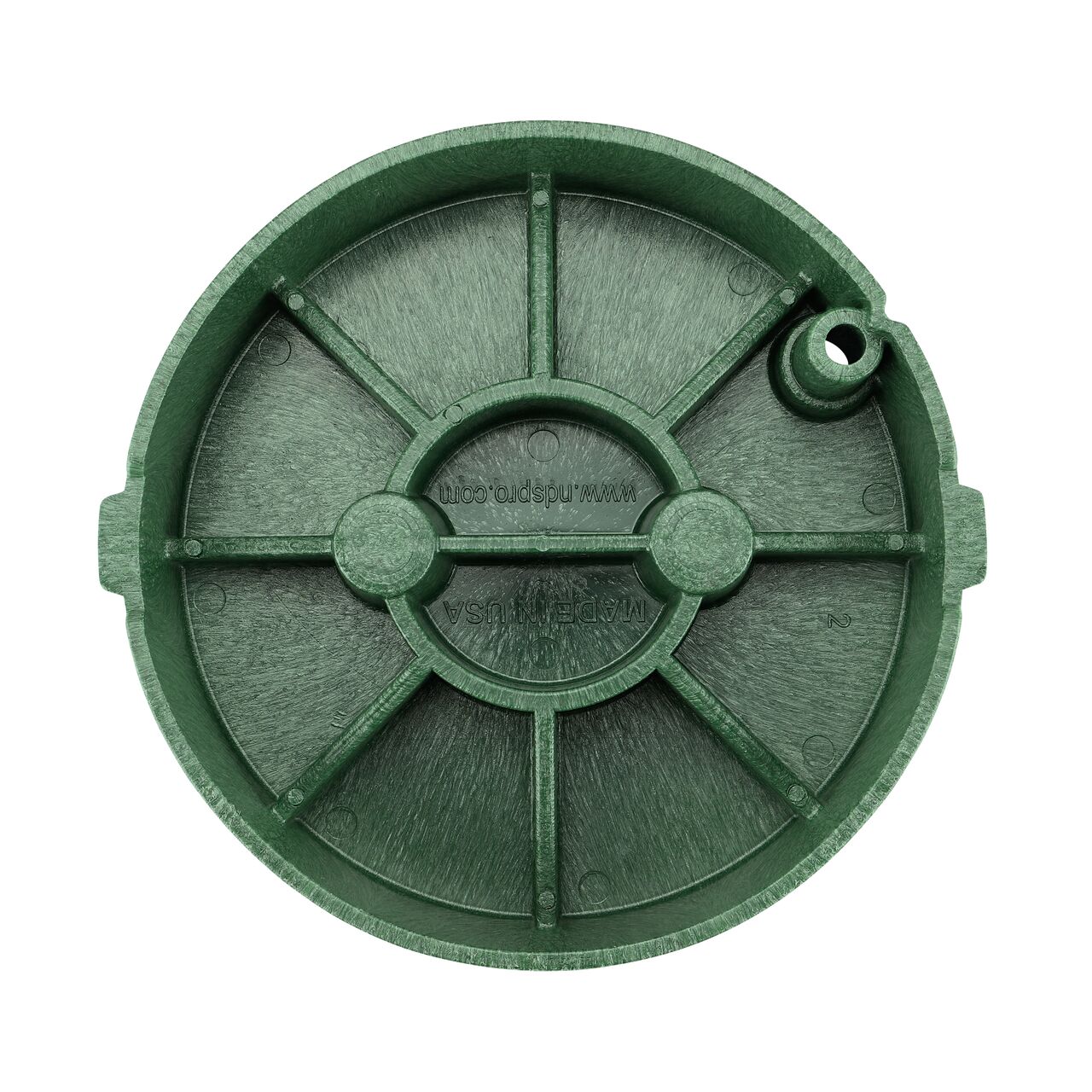 Top down view of the underside of the Green Water cover (NDS 311CW) for the NDS 10 in. Round Pro-Spec® Series valve box showing reinforcing ribs that help support pedestrian and lawn care equipment