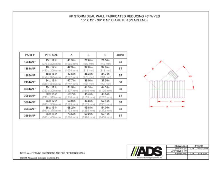 15" X 12" - 36" X 18" 45º Wyes - Plain End (HP Storm Wyes Fittings Manual)