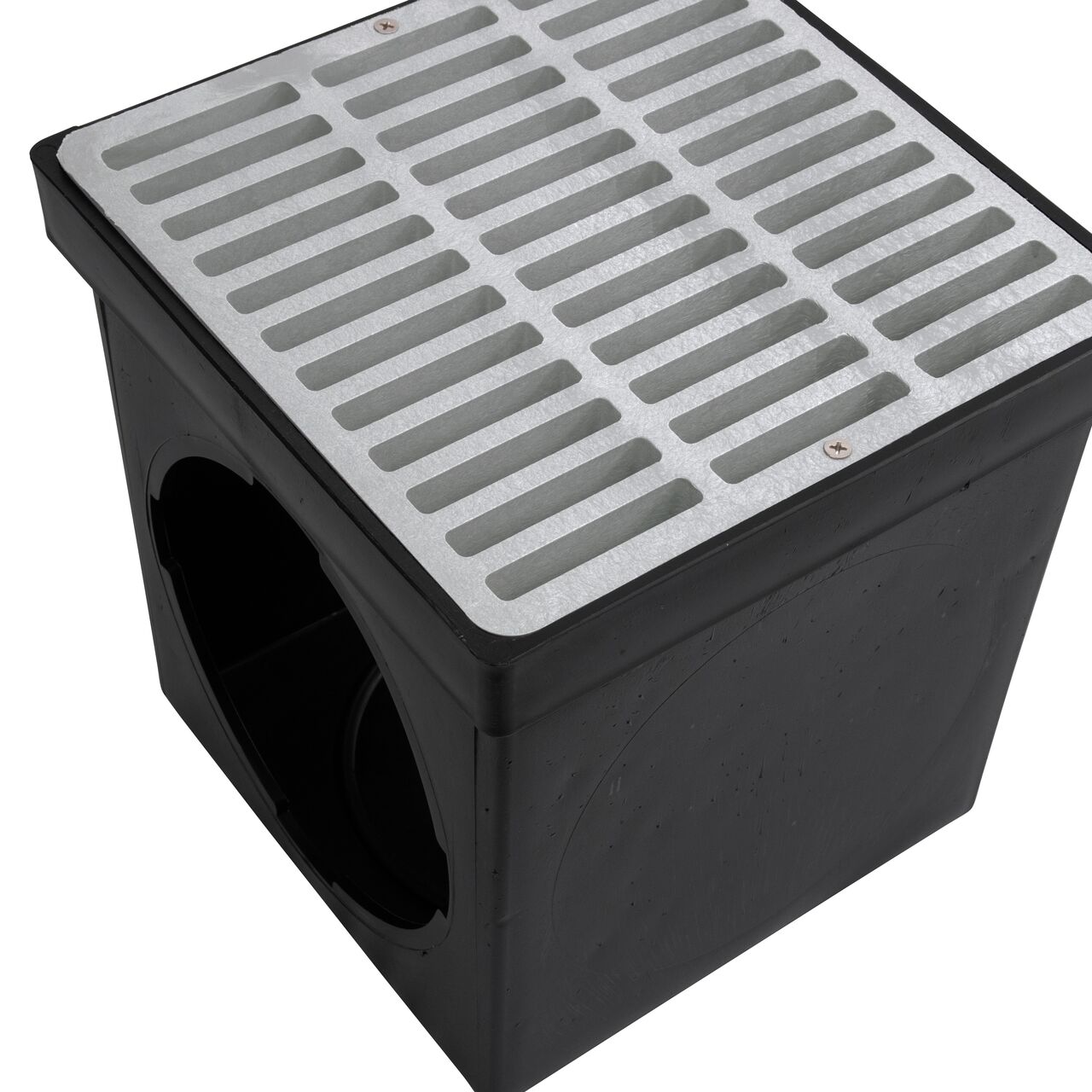 Closeup view of NDS 9 in. Square Catch Basin Drain Grate, Gray Plastic (NDS 999) on a 9 in. Catch Basin Drain (NDS 900*)