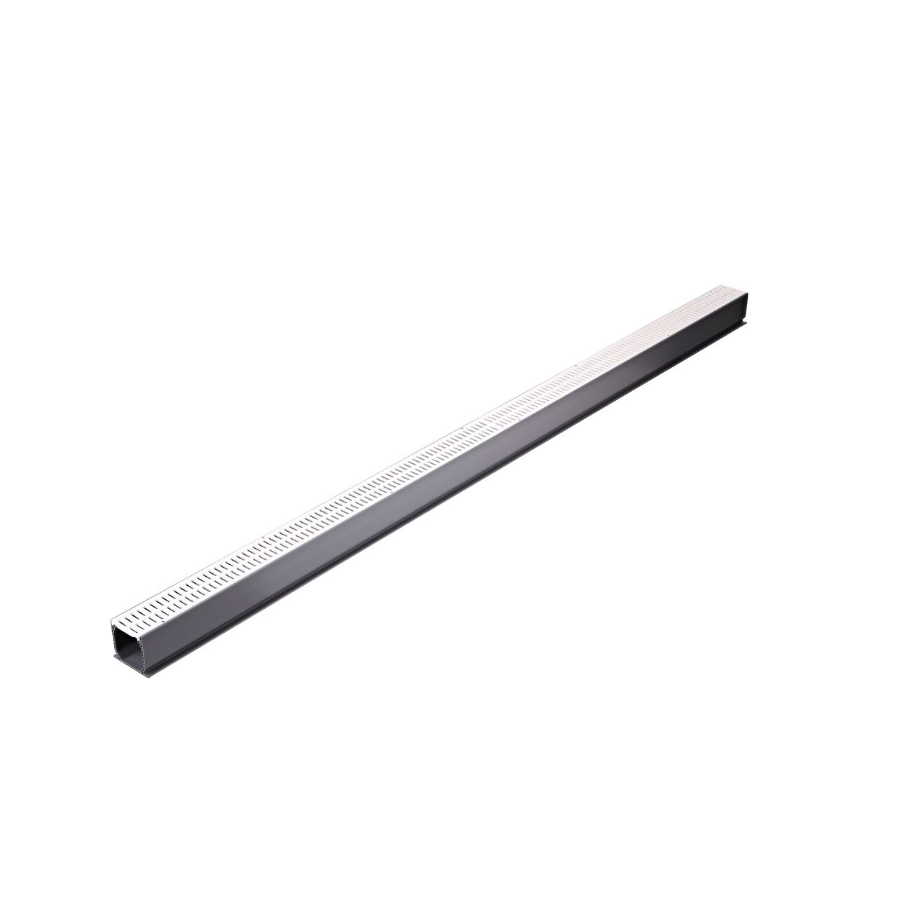 Two White Plastic Mini Channel™ Drain Grates (NDS 540) as they fit on one Mini Channel™ Drain (NDS 500)