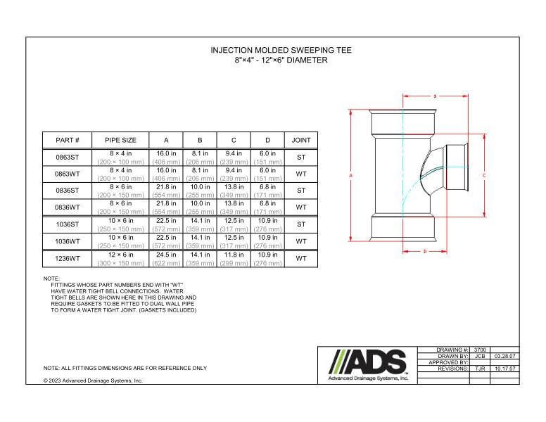 8" x 4" - 12" x 6" Injection Molded Sweeping Tees (HDPE Dual Wall Injection Molded Tees Fittings)