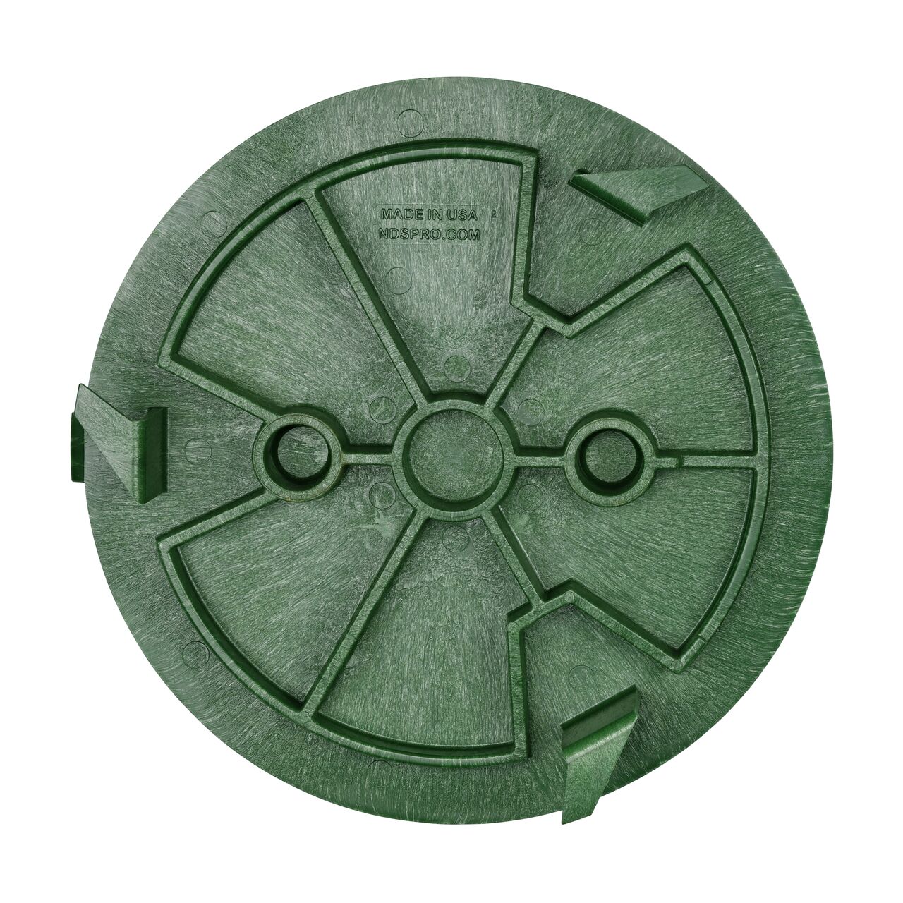 Top down view of the bottom of 10 in. Round SureFit Universal Valve Box Lid; has 3 prongs to snap-in and secure cover (NDS 10RND-UC)