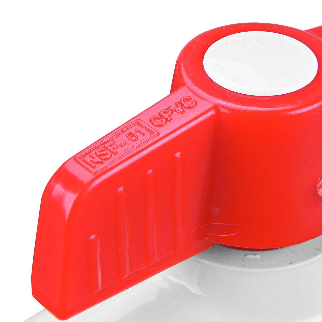 Closeup of the NDS CTS Ball Valve showing that the handle is made of durable CPVC material perfect for irrigation or other pressurized system (NDS C1310-07)