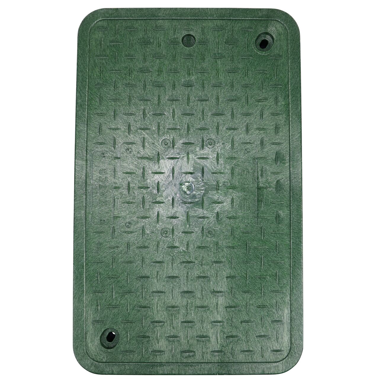 Top down view of the top side of the Green Water cover for the NDS 13 in. X 24 in. Rectangular Pro-Spec® Series Valve Box (NDS 321BCBW) showing the Green Water markings