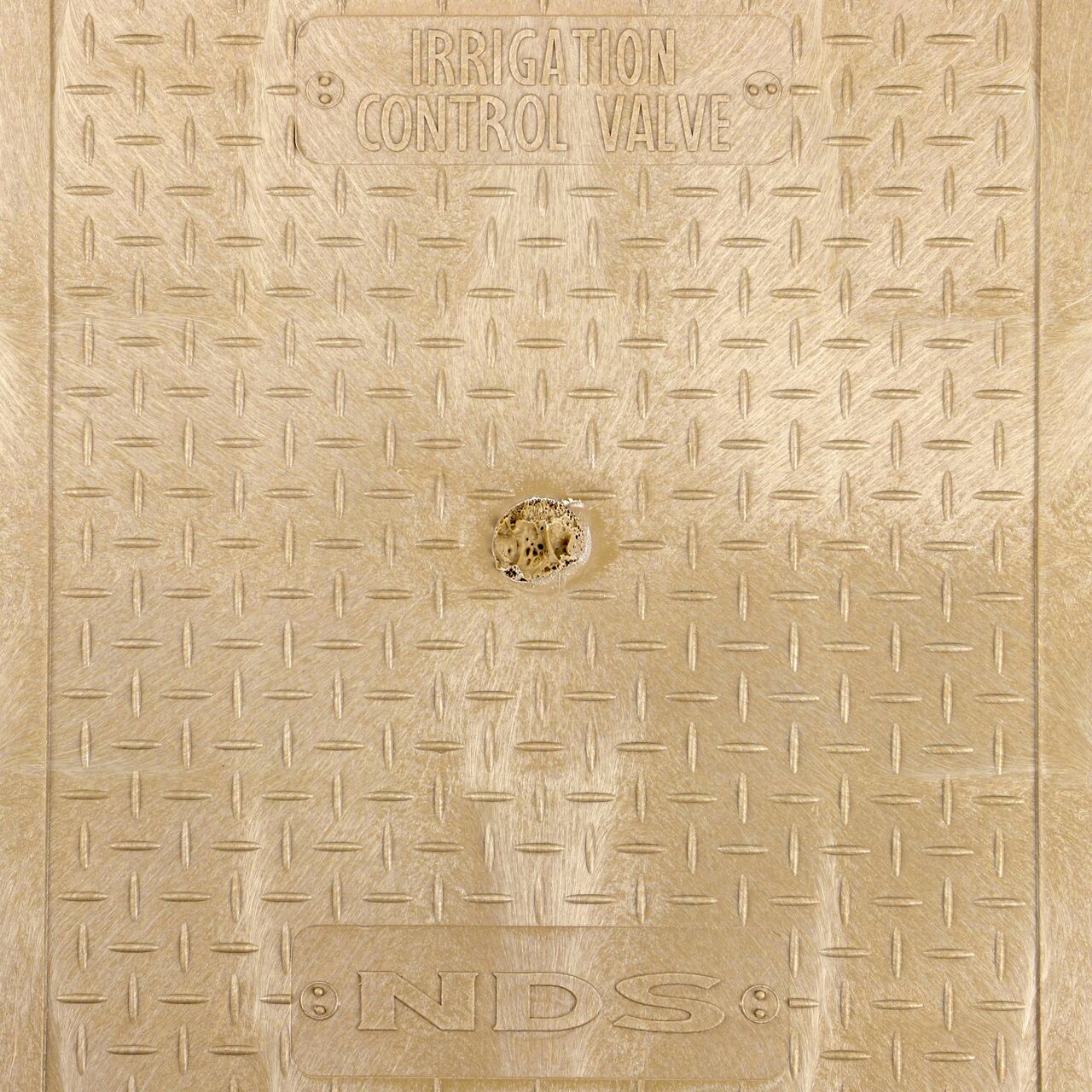 Closeup view of the Irrigation Control Valve markings on the Sand Irrigation Control Valve cover (NDS 313CSAND) for the NDS 14 in. X 19 in. Rectangular Pro-Spec® Series Valve Box