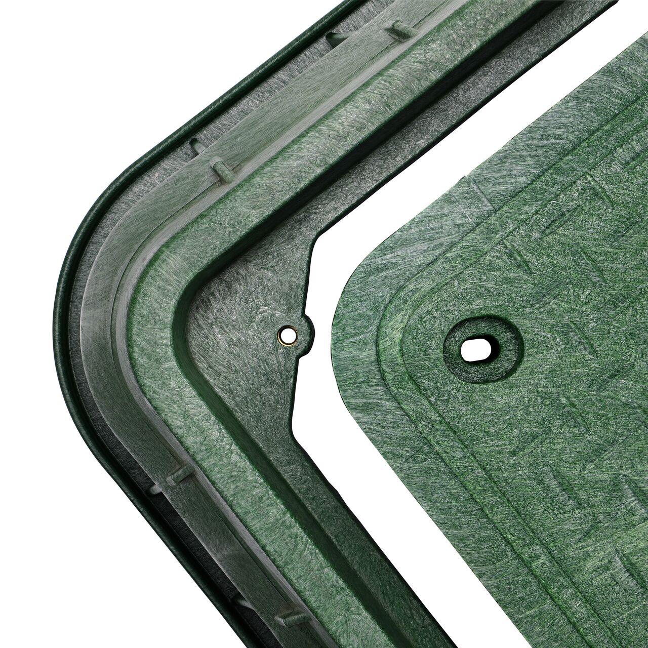 Align the bolt hole on the lid with the bolt hole from the NDS 17 in. X 30 in. Rectangular Pro-Spec® Series Green Box and Green Irrigation Control Valve Cover (NDS 326BCB) for a secure fit
