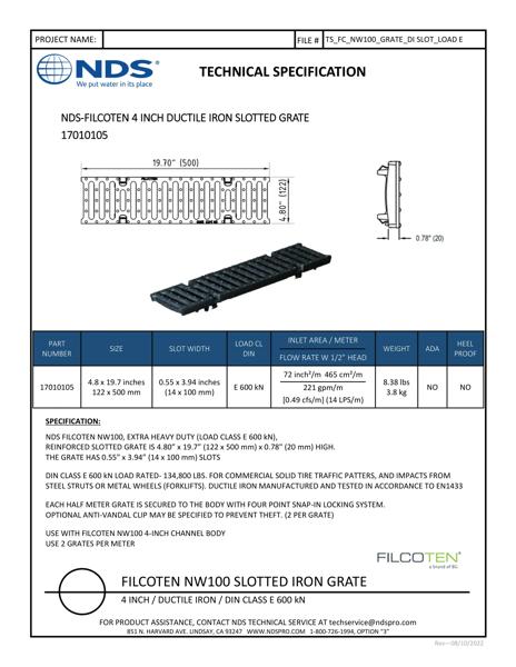 NDS BG-FILCOTEN® 100 Trench Drain Grate Slotted Design Ductile Iron Tech Spec