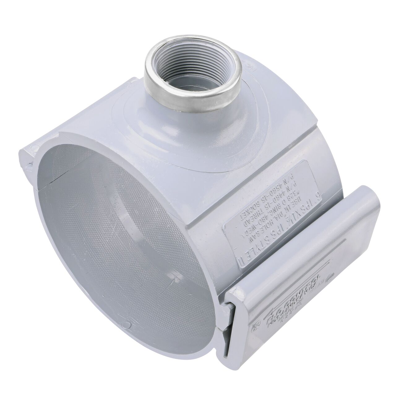 The 1-1/2 in. FPT outlet at the top of the NDS Clamp-It™ Rigid PVC Saddle (NDS 446015) for 6 in. PVC pipe adds a riser or sprinkler to an existing pipeline for agricultural or mining applications