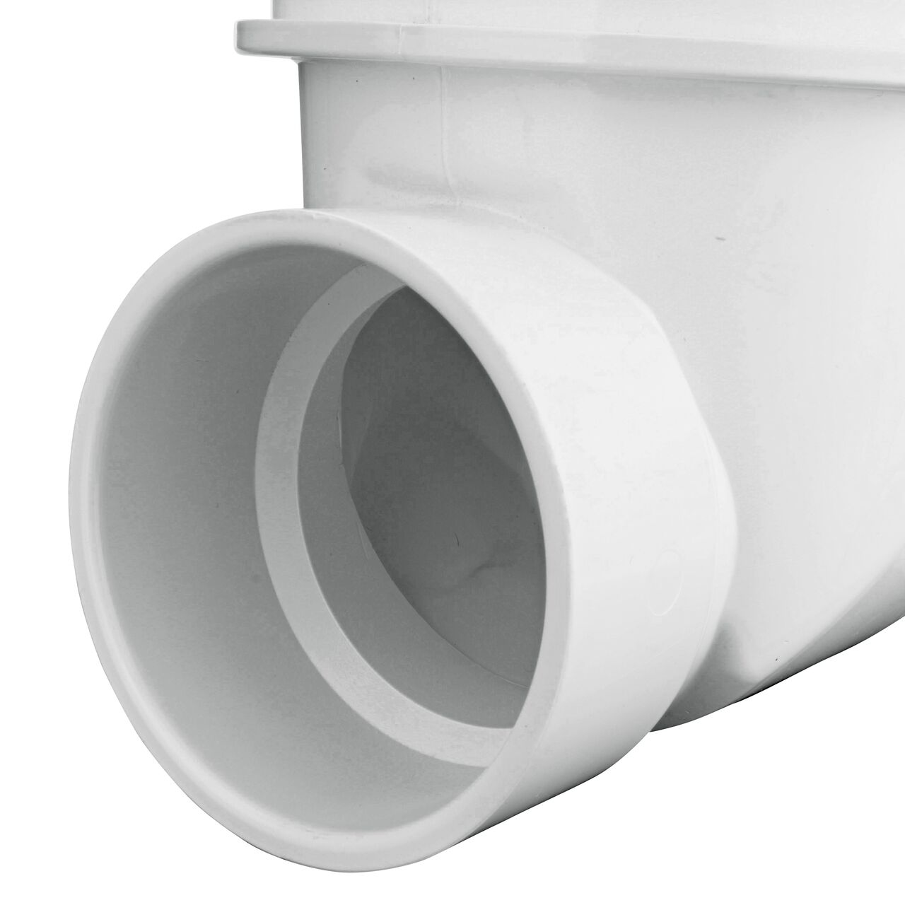 Closeup of the lower outlet end of the NDS White 3 in. PVC Backwater Valve (NDS 375P)