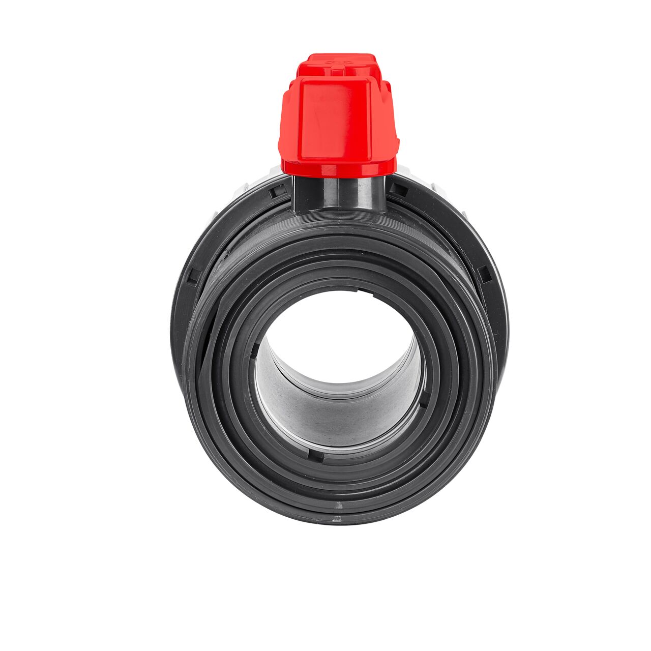 The NDS 3 in. PVC Slip True Union Ball Valve shown with the connection end removed and with the handle in the open position to allow water to convey through the pipe.