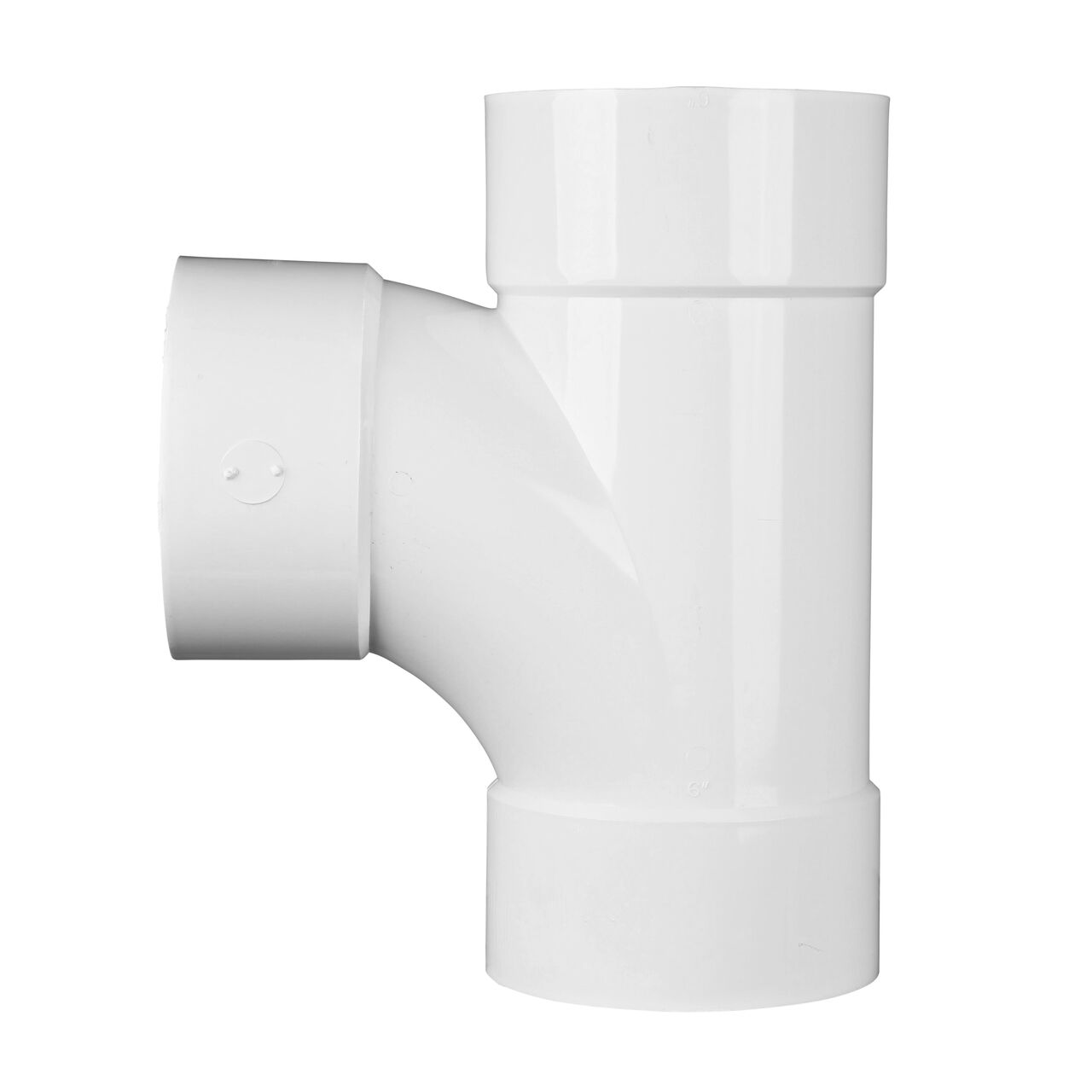 Side view of the PVC sanitary tee for 6 in. Sewer and Drain pipes, Hub X Hub X Hub connection (NDS 6P09)