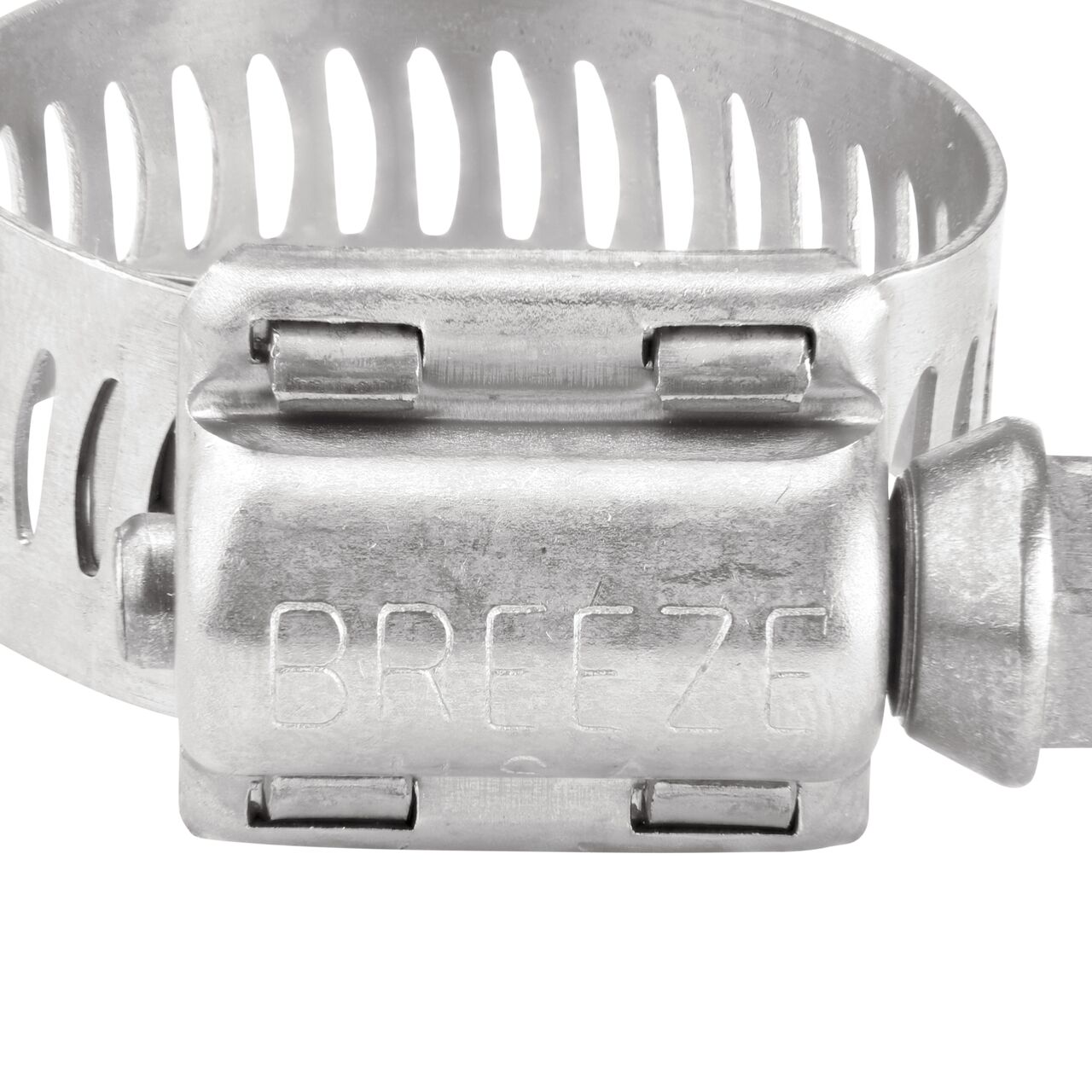 Closeup view of the two-piece clamp housing made of Series 300 Stainless Steel on the NDS SAE 10 Worm Drive Hose Clamp with Aero Seal 1/2 in. band width (NDS 64010H)