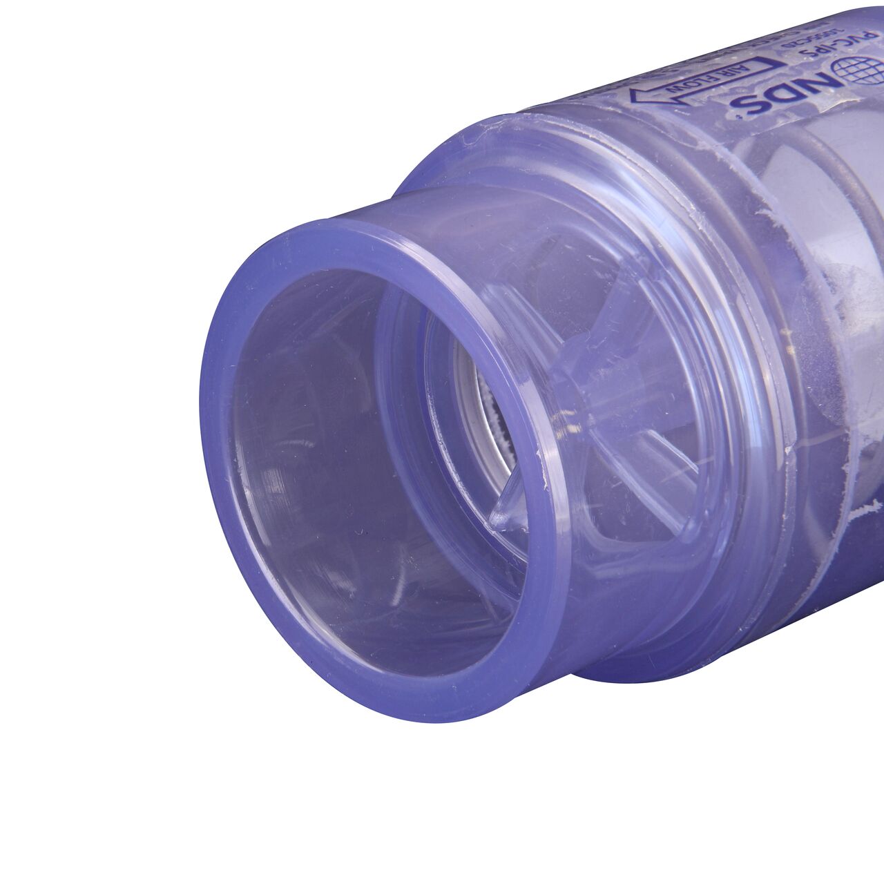 Closeup of the 2 inch spigot end of the NDS Clear 1-1/2 in. slip end by 2 in. spigot end PVC Air Check Valve with 5 lb. Spring (NDS 1055C20)