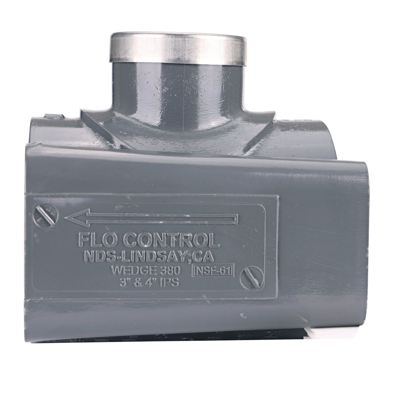 Side view showing patented wedge design in locked position on the NDS Clamp-It™ Rigid PVC Saddle with 1-1/2 in. FPT connection on top (NDS 443015) for 3 in. PVC pipe