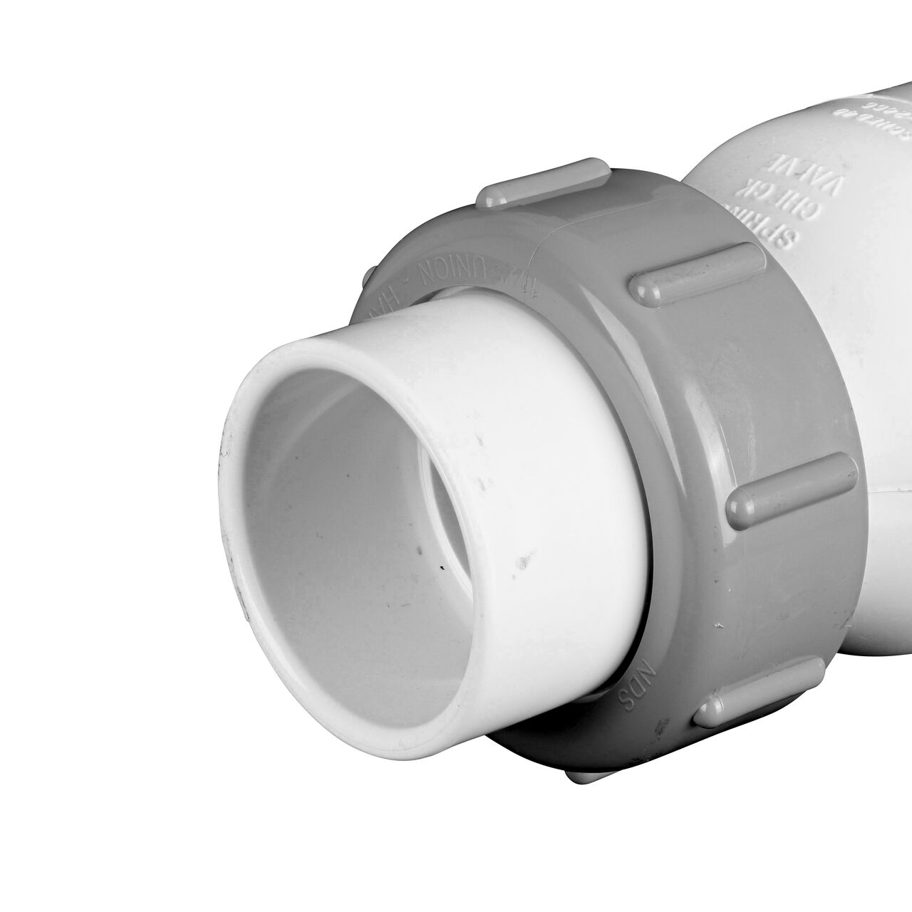 Closeup of one slip end of the NDS White 1-1/2 in. slip end by slip end PVC True Union Spring Check Valve with 1/2 lb. Spring (NDS 1700-15)