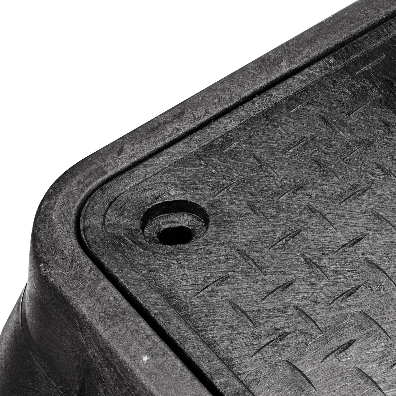 Closeup view of the outside reinforced edges on the NDS 17 in. X 30 in. Rectangular Pro Series Meter Box (NDS 126BCDMCIFB)