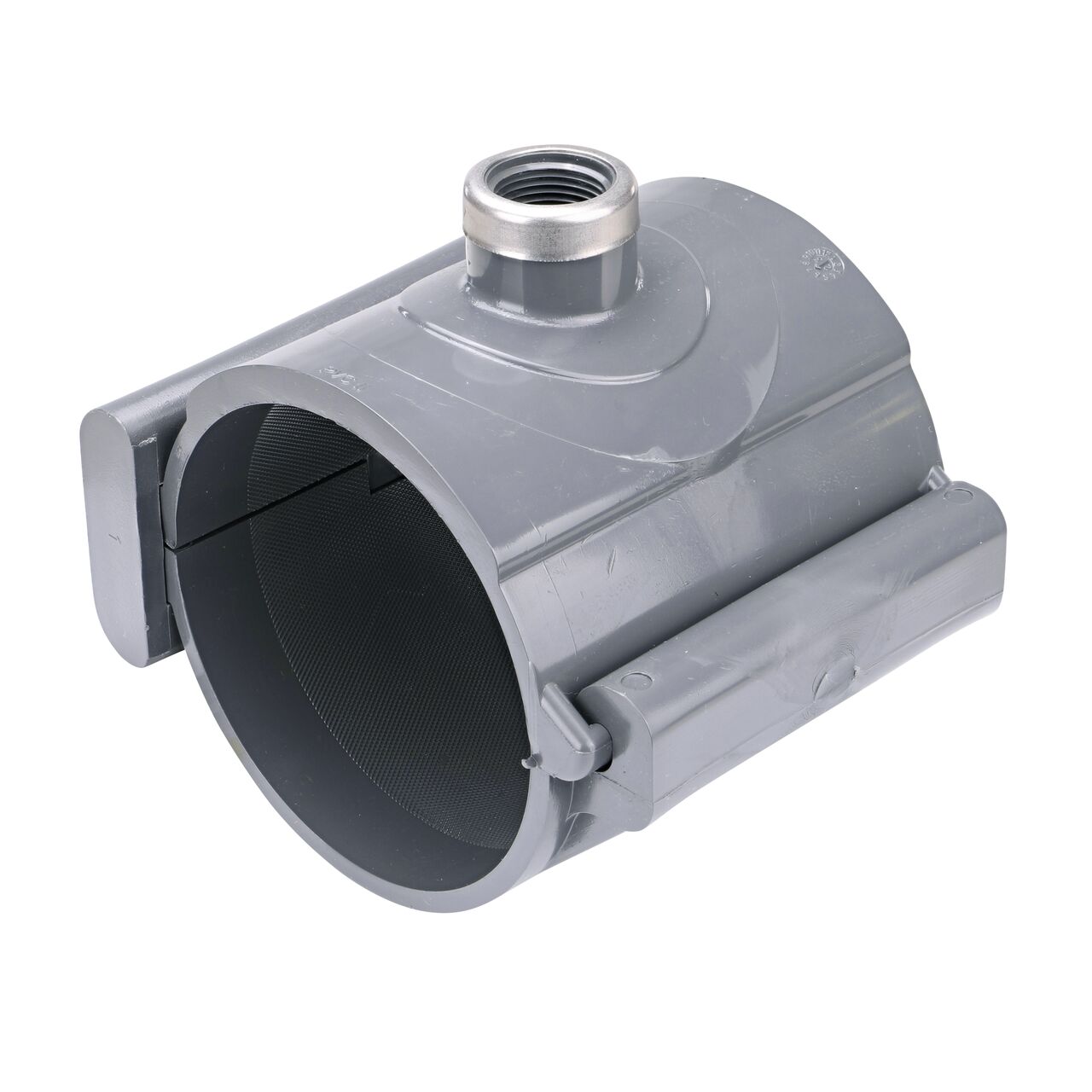 The NDS Clamp-It™ Rigid PVC Saddle with 3/4 in. FPT connection on top (NDS 444007) for 4 in. PVC pipe has a patented wedge design on one side and hinge on the other to install a sprinkler irrigation system to existing pipe without any bolts