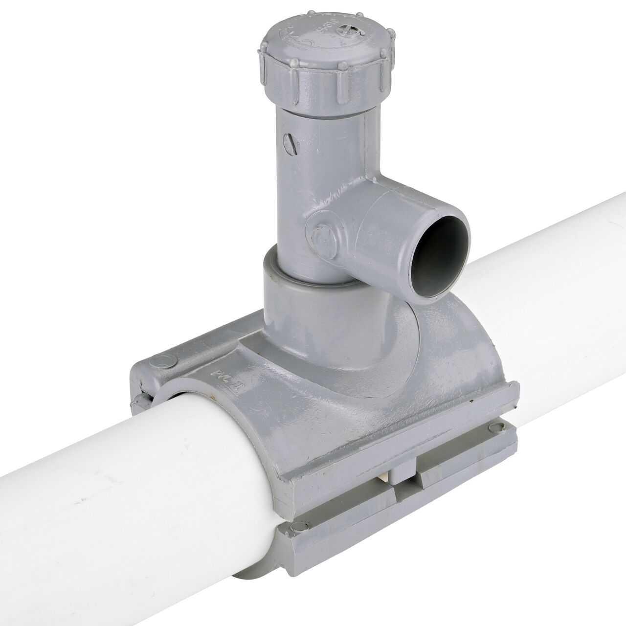 To install, remove wedge and clamp saddle over pipe on the 2 in. NDS Flo-Tap™ Rigid PVC saddle with 3/4 in. socket or 1 in. spigot (NDS 3120)